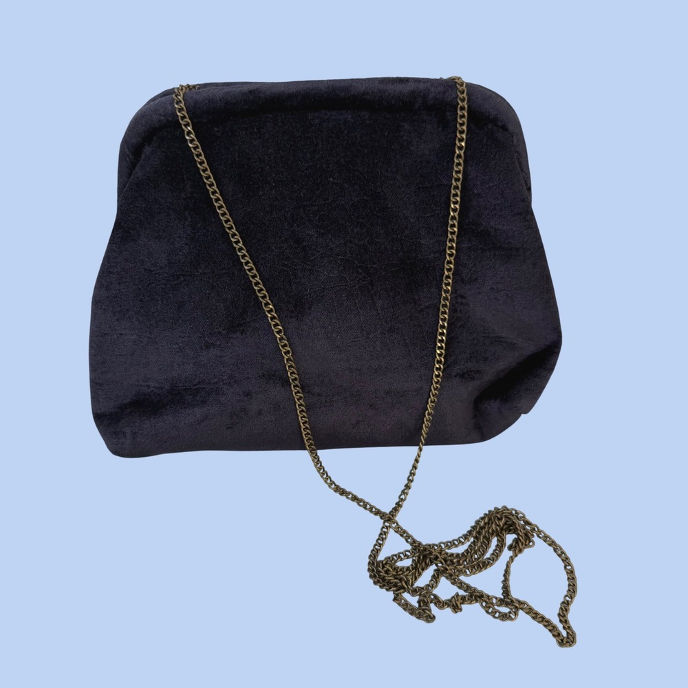 Anthropologie Mollie Navy Blue Velvet Frame Crossbody Clutch Bag Brass Chain